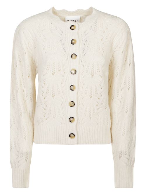 Cardigan color panna di MARANT ETOILE in alpaca caratterizzato da ricami, chiusura a bottoni e profili orlati. MARANT ETOILE | 25ACA0114FAC3L08E23EC